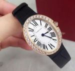 Copy Cartier Baignoire Gold White Face Diamond Bezel Black Leather Band 25mm Watch